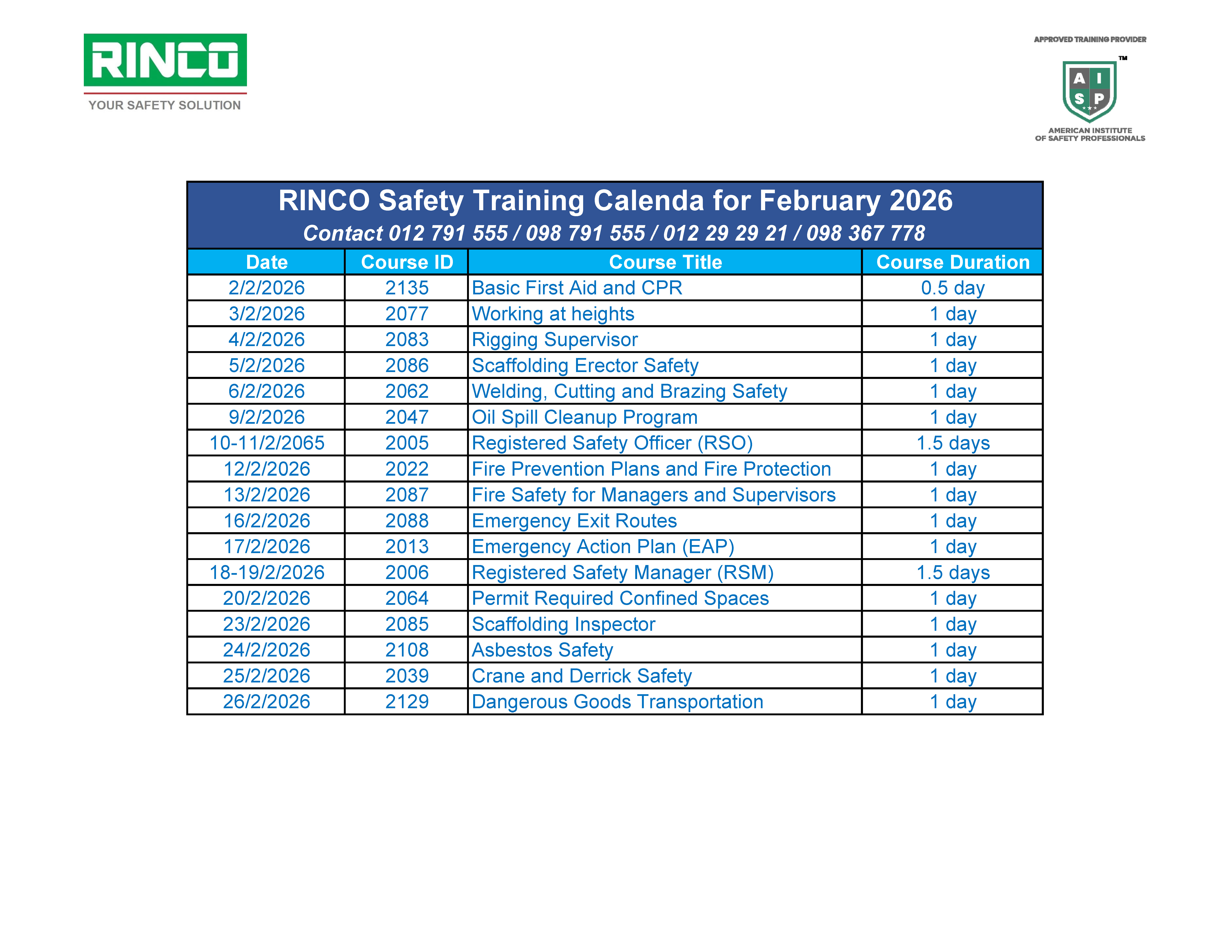Training Schedule